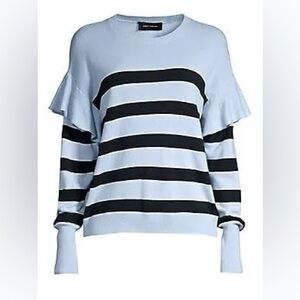 Robert Rodriguez Olivia Stripe Ruffle Knit Sweater - Sky Blue - Size Large